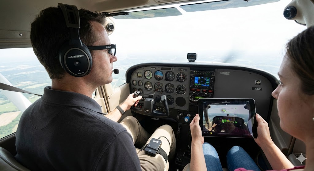 Generated image of a pilot wearing eye-tracking glasses